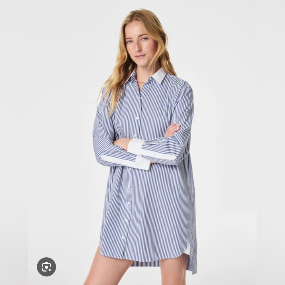 SPANX Blue and White Striped Blouse